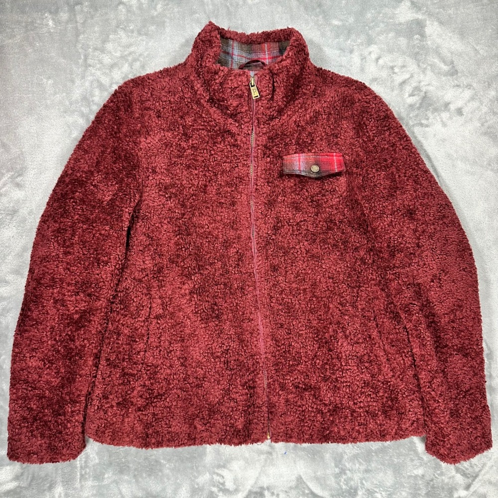 Pendleton Womens Sherpa Fleece Jacket Burgundy Plaid Trim Full Zip P1558 L